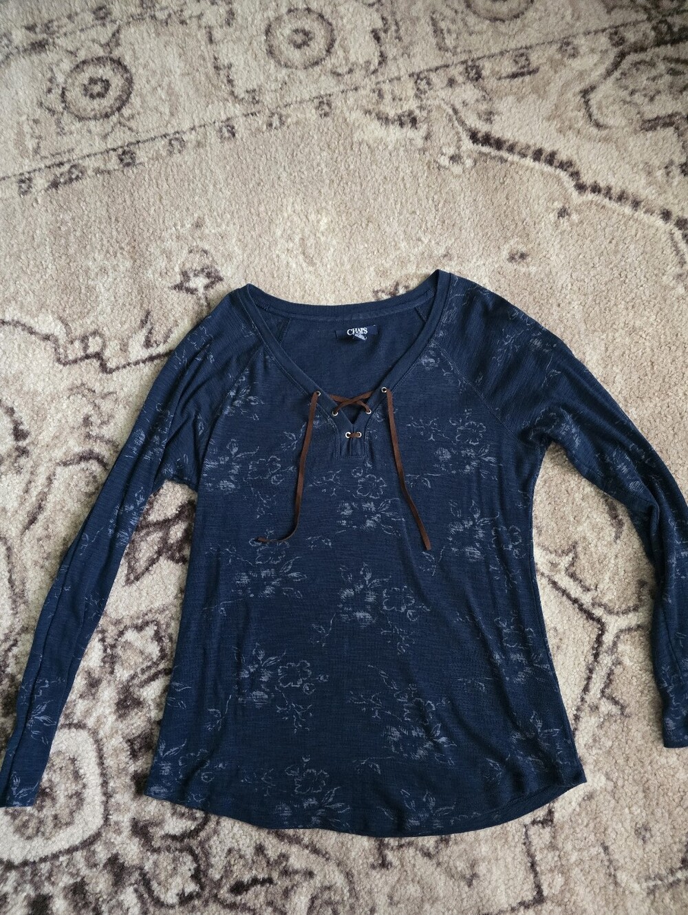 Chaps Navy Long Sleeve Lace-Up Floral Top